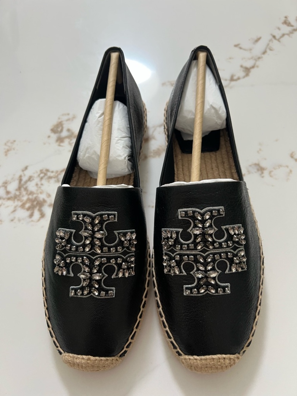 Tory Burch Black Leather Jeweled Espadrille Slip-Ons